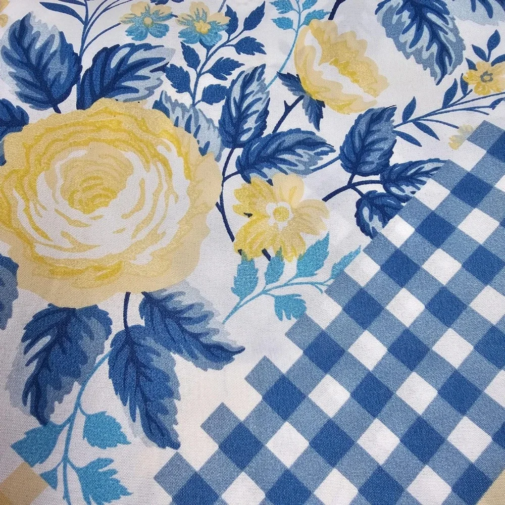 VTG Gold Coast Blue Yellow Floral Gingham Polyester Pillow Cover Set 2 Farmhouse